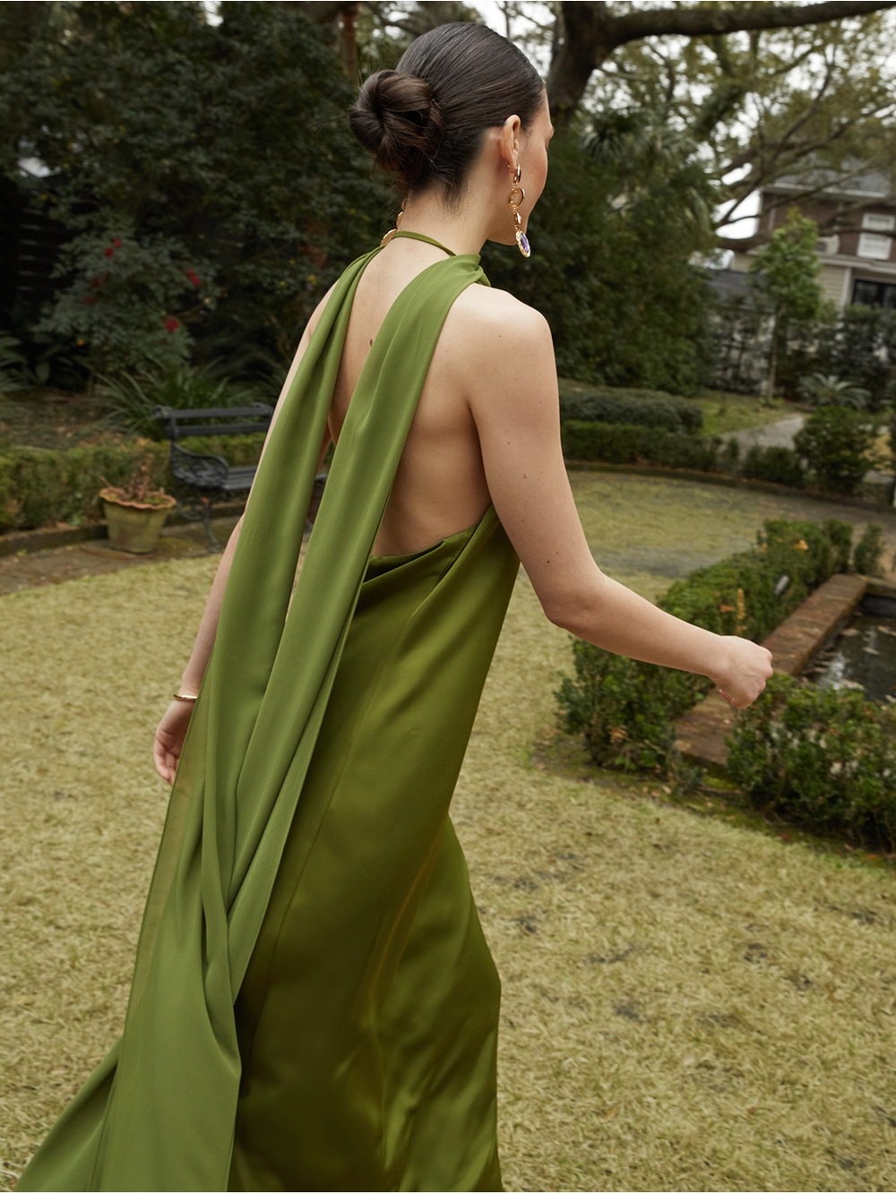 Olive Green Halter Satin Maxi Dress - Picture 6 of 6